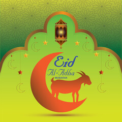 Eid Al Adha Mubarak poster, eid al adha card, eid adha  banner,  eid al adha template design with sheep, mosque, lumps, moon, stars, green,  with vector illustration.	