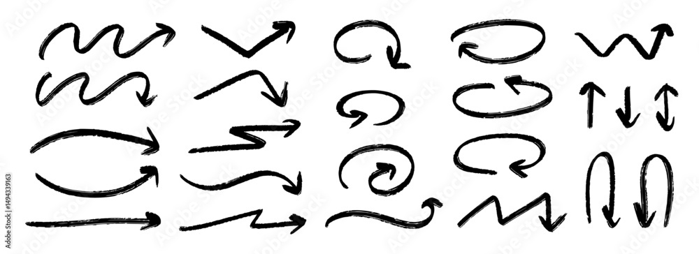 Poster hand drawn crayon arrow collection. black curved and straight doodle arrows set. grunge charcoal ske