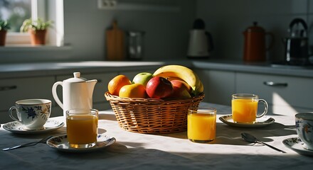 Healthy Breakfast with Fruit Basket, Juice, and Tea in Sunny Kitchen