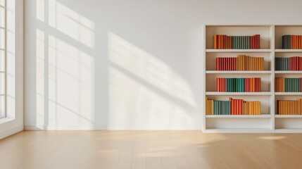 Bright and Airy Room with Bookcase Filled with Colorful Books and Sunlight Streaming Through Windows