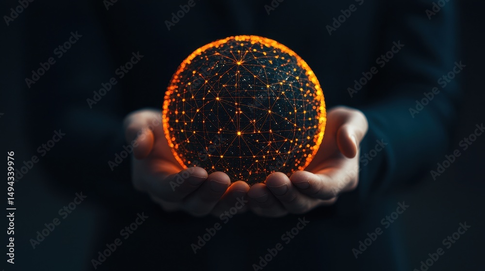 Poster hands holding illuminated sphere with connecting lines displaying technology and global connectivity