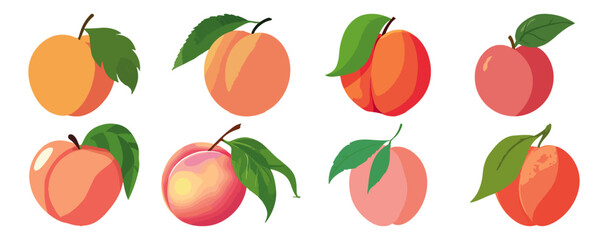 Obraz premium Set of Peach with leaf Flat Vector Illustration on Transparent Background