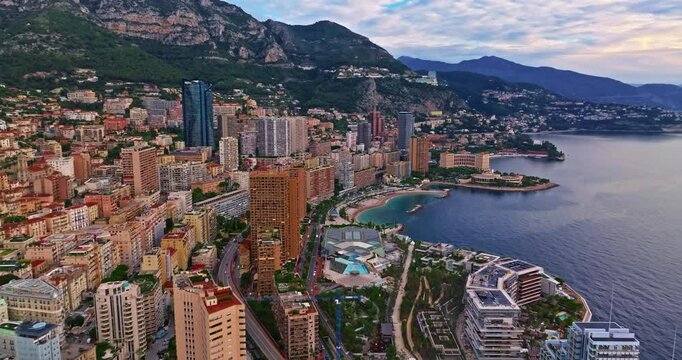 Aerial view of famous a small country Monaco on Mediterranean Sea, modern high-rise buildings, Monte Carlo, Monaco
