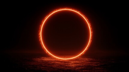 Naklejka premium Fiery portal on a dark surface glows intensely with a circle of orange light and reflections