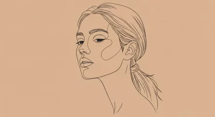 Foto auf Acrylglas Eine Linie Calm Woman Line Art Portrait Beige Background - Serene, minimalist, elegant, feminine, and sophisticated line art portrait of a woman. Symbolizing beauty, peace, grace, composure, and  © Seree 
