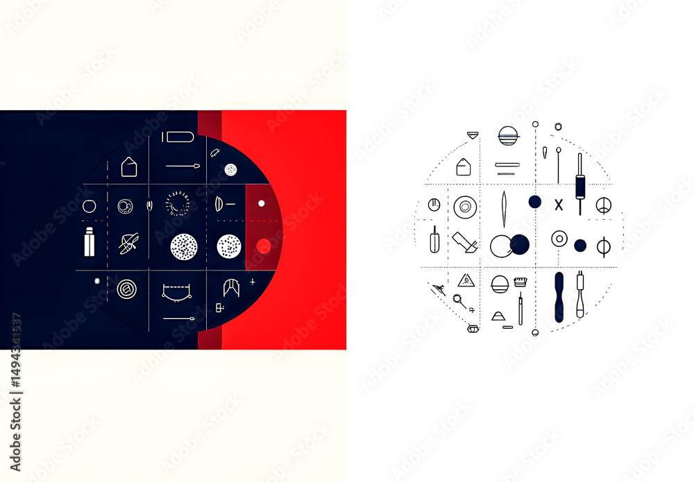 Poster abstract design element featuring various minimalist icons arranged in a circular pattern on a vibra