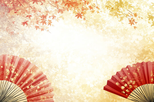 Elegant Japanese fans and autumn leaves with a soft textured background, evoking a traditional and cultural atmosphere.