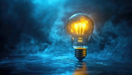 Glowing lightbulb in smoky, blue-lit scene