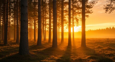 Obraz premium Golden Hour Forest Serenity - Peaceful forest bathed in golden sunset light, symbolizing tranquility, nature's beauty, warmth, hope, and renewal