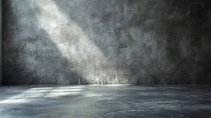 Concrete room, sunlight beams, textured walls, emptiness, shadows