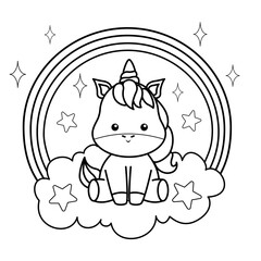 Cute kawaii Unicorn , cloud and rainbow hand drawn vector illustration for coloring book or page for children
