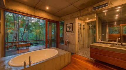 Luxurious bathroom with forest view. Concrete elements, tub, glass walls, & modern fixtures