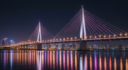 Naklejka premium Illuminated Cable-Stayed Bridge at Night - Stunning night view of a modern cable-stayed bridge reflecting in calm water, city skyline in the background
