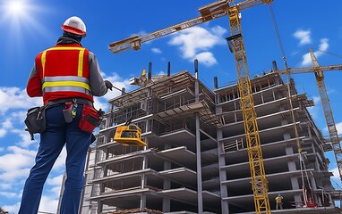 Construction worker overseeing a high-rise building under construction.
