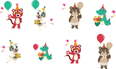 Birthday cartoon animals' icon vector bundle file.