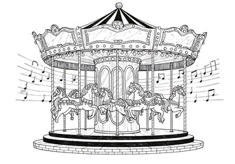 Carousel horses merry go round fairground ride vintage drawing sketch music notes amusement park outline in black and white for adult coloring book. can use for print , coloring and card design