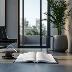 Open book on floor, near chair and plant, by large window