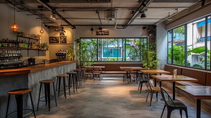 Naklejka premium Modern cafe interior. Tables, bar, stools, & lush greenery create an inviting, urban ambiance. Natural light & minimalist decor