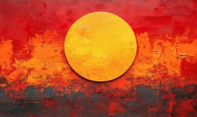 Modern art painting featuring abstract sun form in warm orange and yellow tones over distressed red textured backdrop



