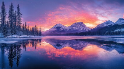 Fototapeta premium Aurora casting magical colors over a frozen alpine lake reflecting its vibrant hues, Generative AI