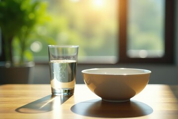 Empty bowl and glass of water on table, sunlit , glass, morning, intermittent fasting