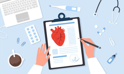 Cardiologist concept. Cardiac surgery. Male doctor researching heart transplantation. Internal organ surgeon. Flat Vector illustration.