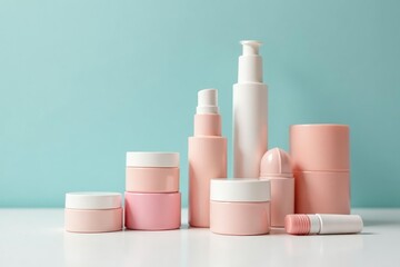 Set of various cosmetic containers on a white surface, shop, sale