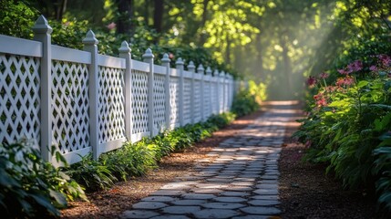 White lattice fence along a garden path, symbolizing privacy and boundary,



