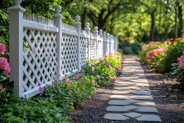 White lattice fence along a garden path, symbolizing privacy and boundary,



