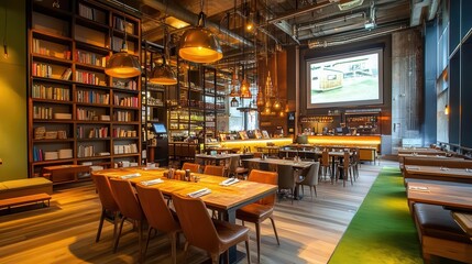 Unique settings of cafe interior with bookshelves and hanging lamps