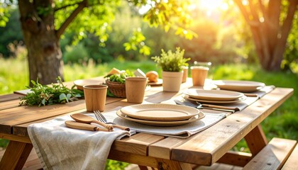 Obraz premium A wooden picnic table with reusable plates, compostable cutlery, and cloth napkins – Sustainable Living & Eco-Friendly Products 