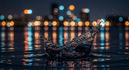 Water splash creates a crown shape on the surface of a lake with blurred city lights reflecting in the dark water at night offering a unique perspective