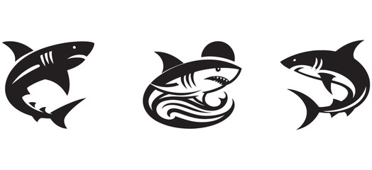 Fototapeta premium Set of Three Tribal Shark Silhouettes in Black – Stylized Ocean Predator Vector Icons for Modern Tattoo Art, Surf and Dive Branding, eSports Logos, and Graphic Design Collections
