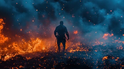 Fototapeta premium Soldier stands amidst fiery chaos in dark landscape