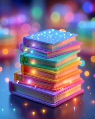 Stack of Colorful Books with Glowing Lights