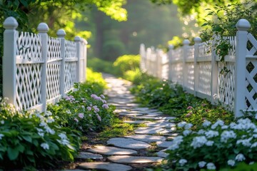 White lattice fence along garden path symbolizing privacy, boundary, and decorative outdoor landscape design
