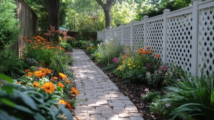 Obraz premium White lattice fence along garden path symbolizing privacy, boundary, and decorative outdoor landscape design 