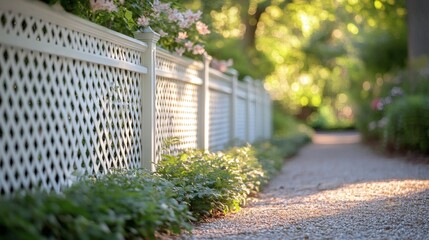 Obraz premium White lattice fence along garden path symbolizing privacy, boundary, and decorative outdoor landscape design 