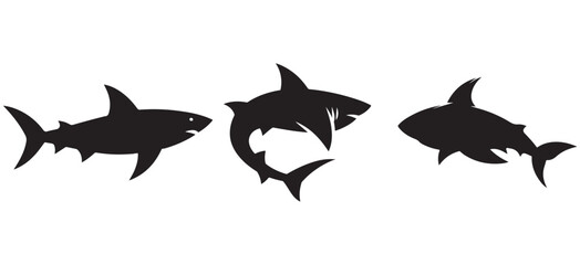 Set of Three Tribal Shark Silhouettes in Black – Stylized Ocean Predator Vector Icons for Modern Tattoo Art, Surf and Dive Branding, eSports Logos, and Graphic Design Collections