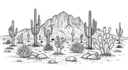 Desert landscape cactus mountain illustration drawing sketch outline monochrome arid scene scenic view in black and white for adult coloring book. can use for print , coloring and card design