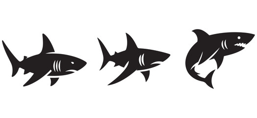 Set of Three Tribal Shark Silhouettes in Black – Stylized Ocean Predator Vector Icons for Modern Tattoo Art, Surf and Dive Branding, eSports Logos, and Graphic Design Collections