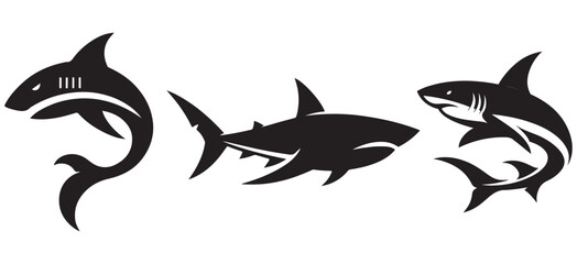 Set of Three Tribal Shark Silhouettes in Black – Stylized Ocean Predator Vector Icons for Modern Tattoo Art, Surf and Dive Branding, eSports Logos, and Graphic Design Collections