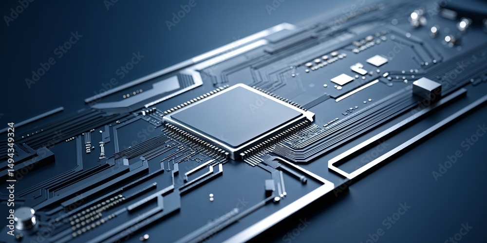 Poster detail of a modern microchip surrounded by intricate circuit patterns in a sleek technology environm