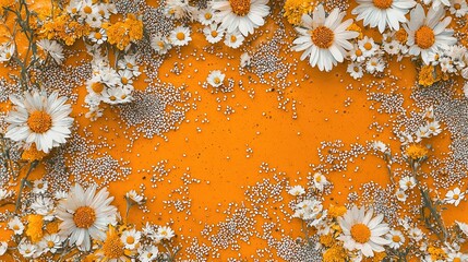 Orange Background with White Daisies and Small Yellow Flowers