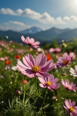 Fototapeta premium Vibrant pink cosmos flowers bloom beautifully in a summer mountain meadow, showcasing nature's bright floral beauty