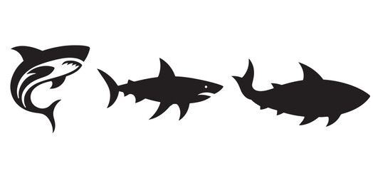 Set of Three Tribal Shark Silhouettes in Black – Stylized Ocean Predator Vector Icons for Modern Tattoo Art, Surf and Dive Branding, eSports Logos, and Graphic Design Collections
