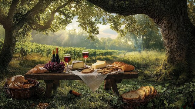 Tranquil vineyard picnic with wine cheese and bread under a large tree