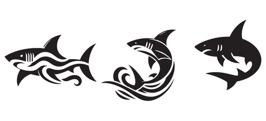 Set of Three Tribal Shark Silhouettes in Black – Stylized Ocean Predator Vector Icons for Modern Tattoo Art, Surf and Dive Branding, eSports Logos, and Graphic Design Collections