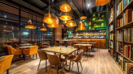 Obraz premium Unique settings of cafe interior with bookshelves and hanging lamps