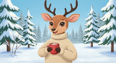 Reindeer in Winter Wonderland with Hot Cocoa - Adorable cartoon reindeer wearing a sweater enjoys a warm mug of hot cocoa in a snowy winter forest